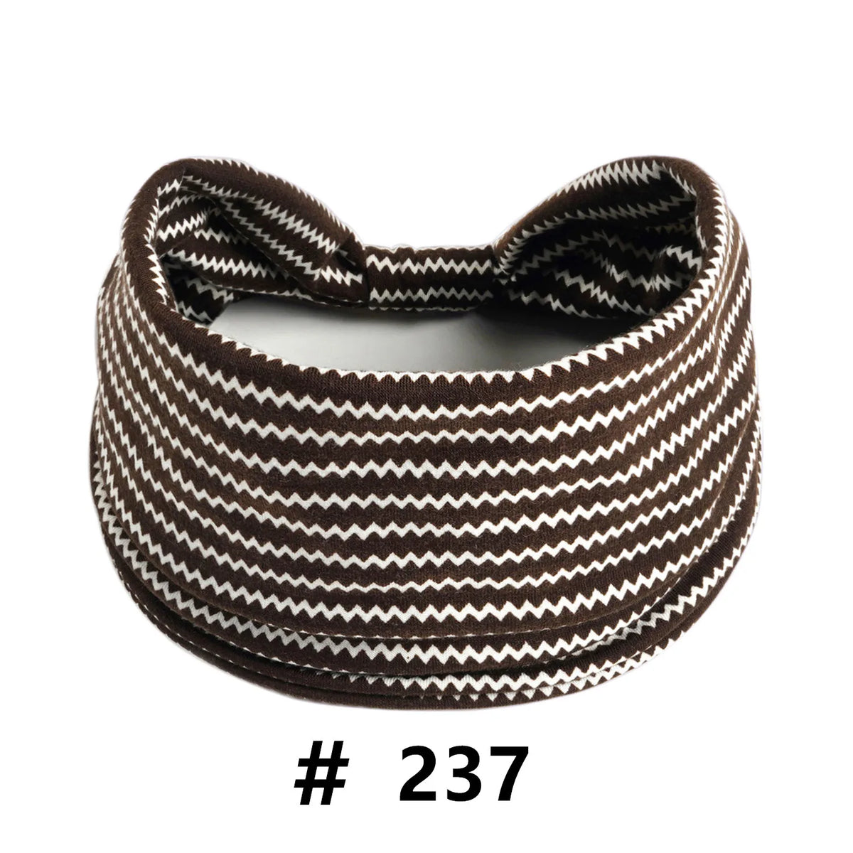 A brown and white striped knitted headband with a gathered top, suitable for yoga or workout.