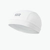 A white cycling cap with a gray logo on the front, shown from above.