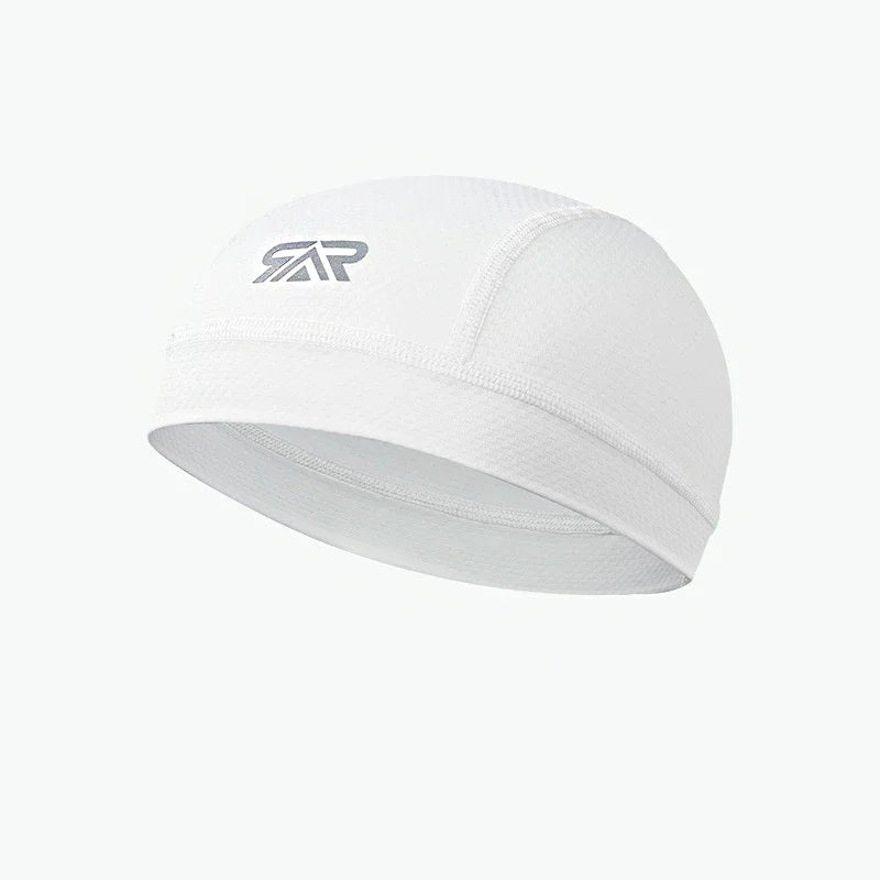 A white cycling cap with a gray logo on the front, shown from above.