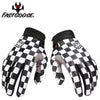 A pair of black and white checkered full-finger motocross and off-road cycling gloves.