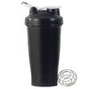 A black portable fitness shaker bottle with a white cap and a metal cleaning ring.