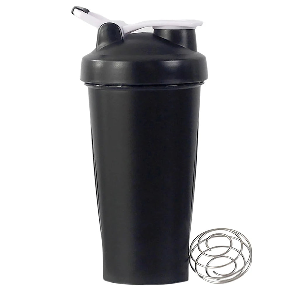 A black portable fitness shaker bottle with a white cap and a metal cleaning ring.