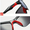 Details show a close-up of black sunglasses with red accents, highlighting the frame and lens structure.