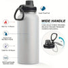 A white insulated stainless steel vacuum water bottle with a black lid and wide handle, highlighting its leak-proof and tempe
