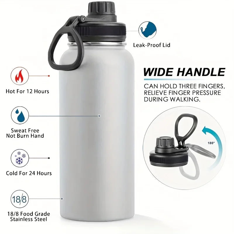 A white insulated stainless steel vacuum water bottle with a black lid and wide handle, highlighting its leak-proof and tempe