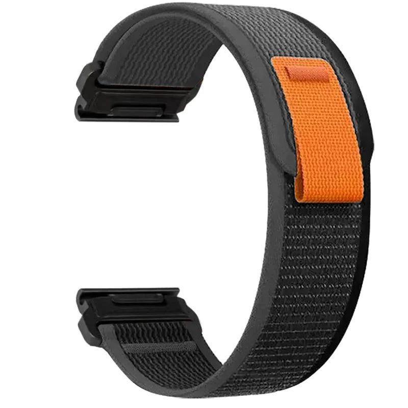 Black and orange adjustable nylon strap for a sports watch.
