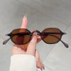 A hand holds a pair of brown tinted vintage oval sunglasses against a light gray background.