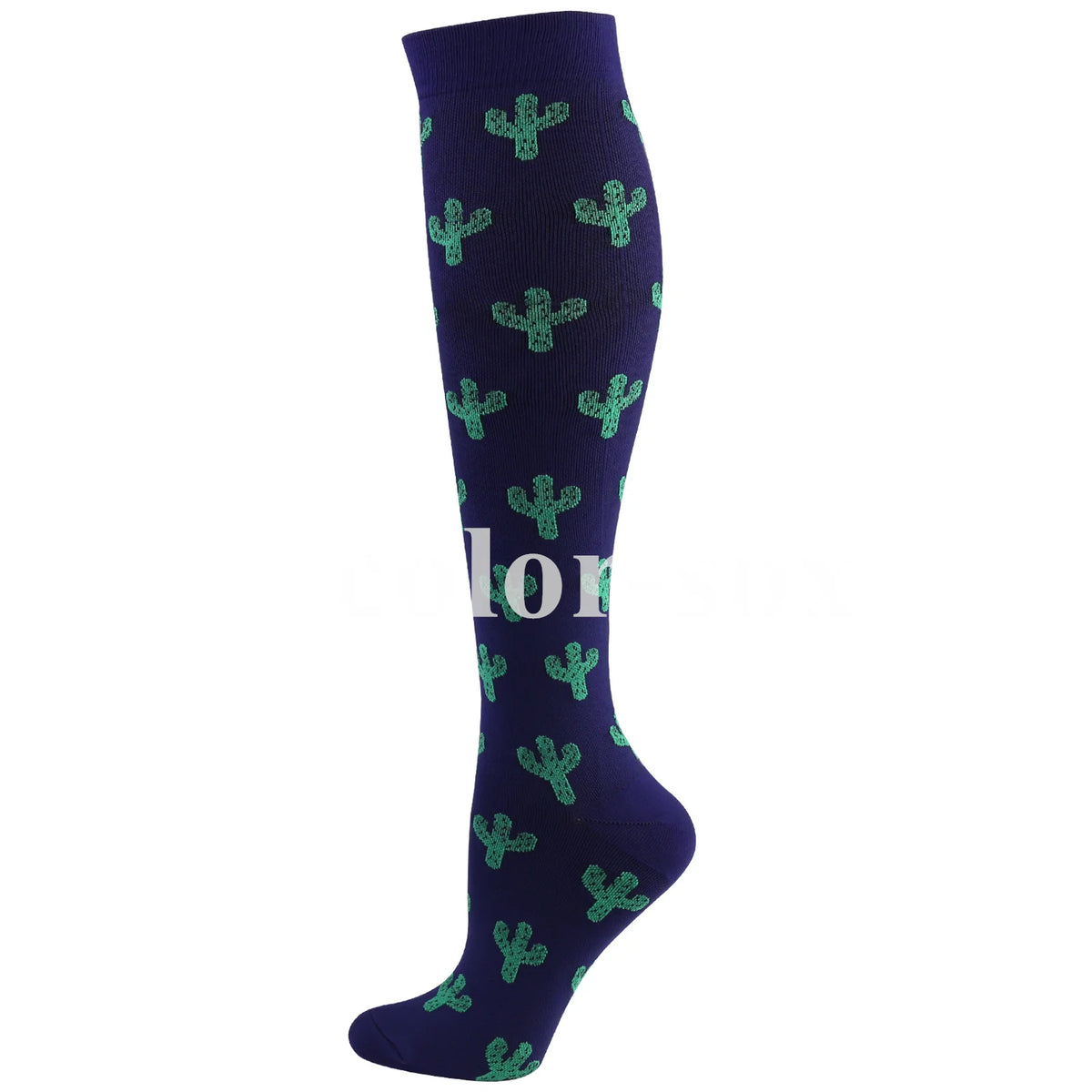 Navy compression socks with small green cactus patterns