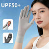 A woman is wearing a light gray UV protection ice silk glove, demonstrating its fit and features.