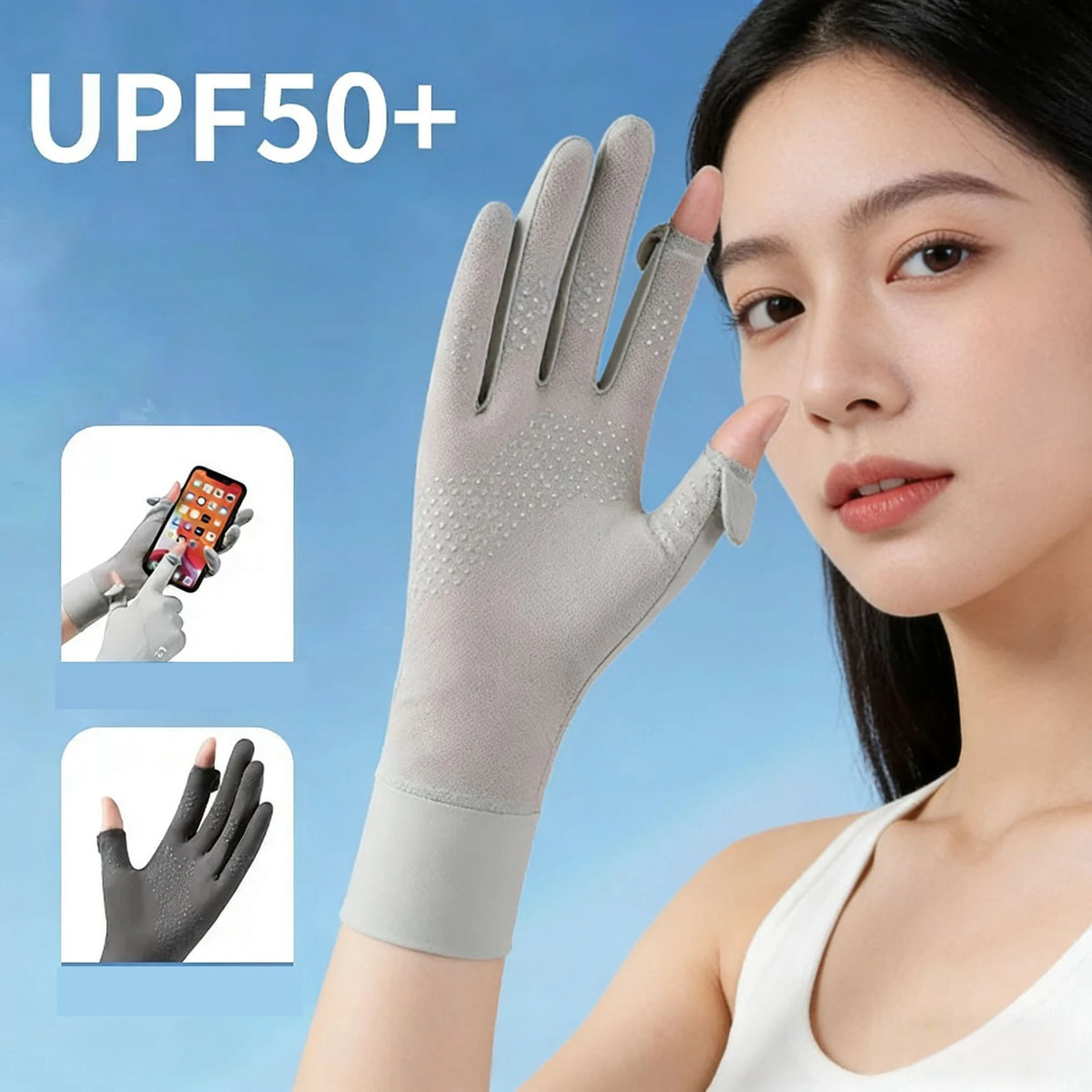 A woman is wearing a light gray UV protection ice silk glove, demonstrating its fit and features.