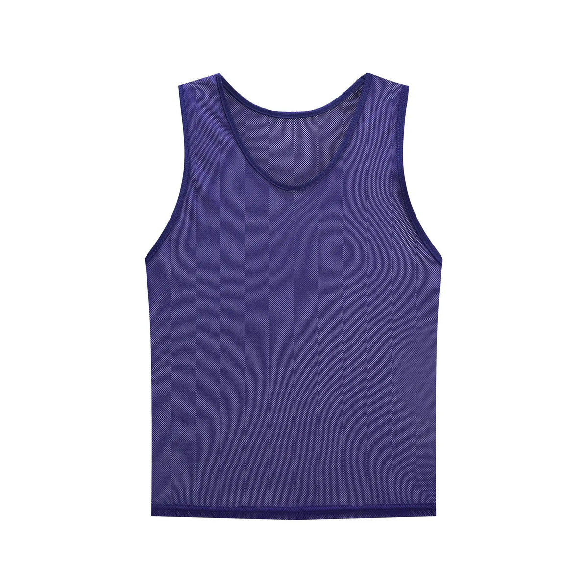 A purple sleeveless soccer training vest shown flat.