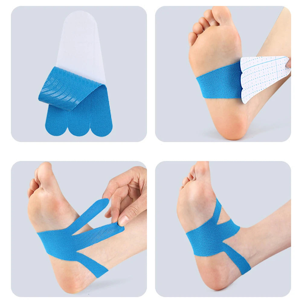 Precut blue kinesiology tape applied to the foot and ankle for joint support.