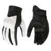 A pair of black leather motorcycle riding gloves with white dotted palms and wrist protection.
