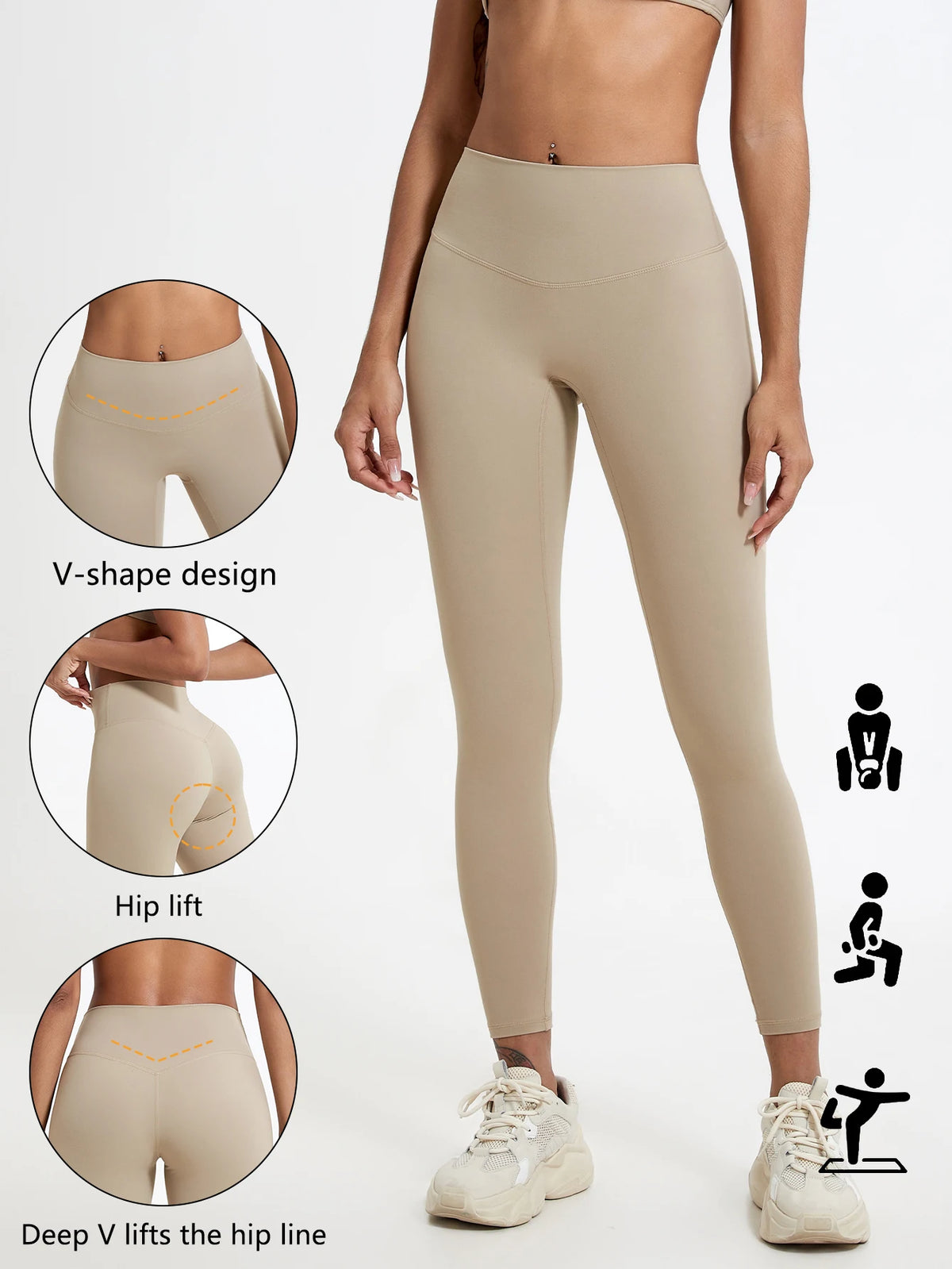 A model wears beige high-waist yoga leggings demonstrating V-shape design and hip lift features.