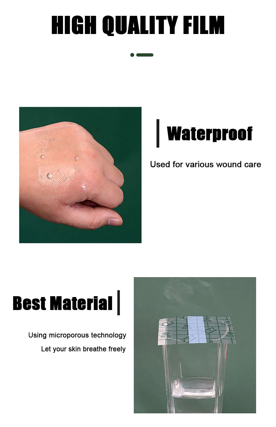Nahaufnahme einer Hand, die ein Wundversorgungsfilm zeigt, neben einem Glasbehälter, der sein Material demonstriert.
