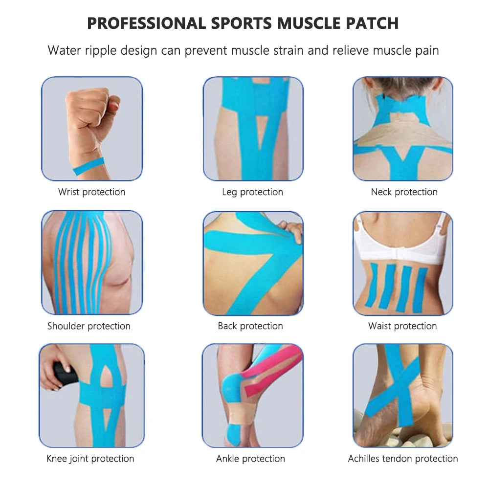 A collection of professional sports muscle patches showing various protection designs for wrists, legs, necks, shoulders, bac