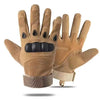 A pair of tan tactical gloves with black palms shown from above.