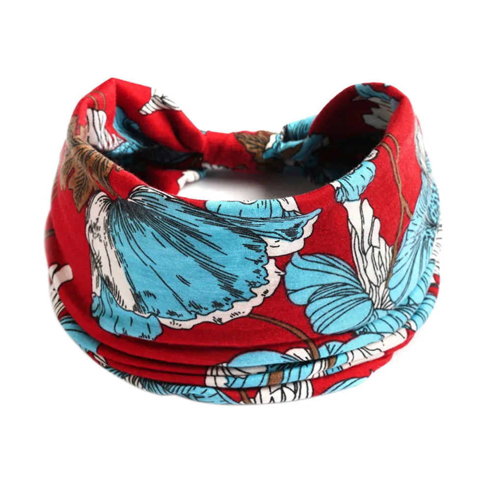 Rotes und blaues Blumenmuster-Yoga-Stirnband mit breitem Rand aus Baumwolle