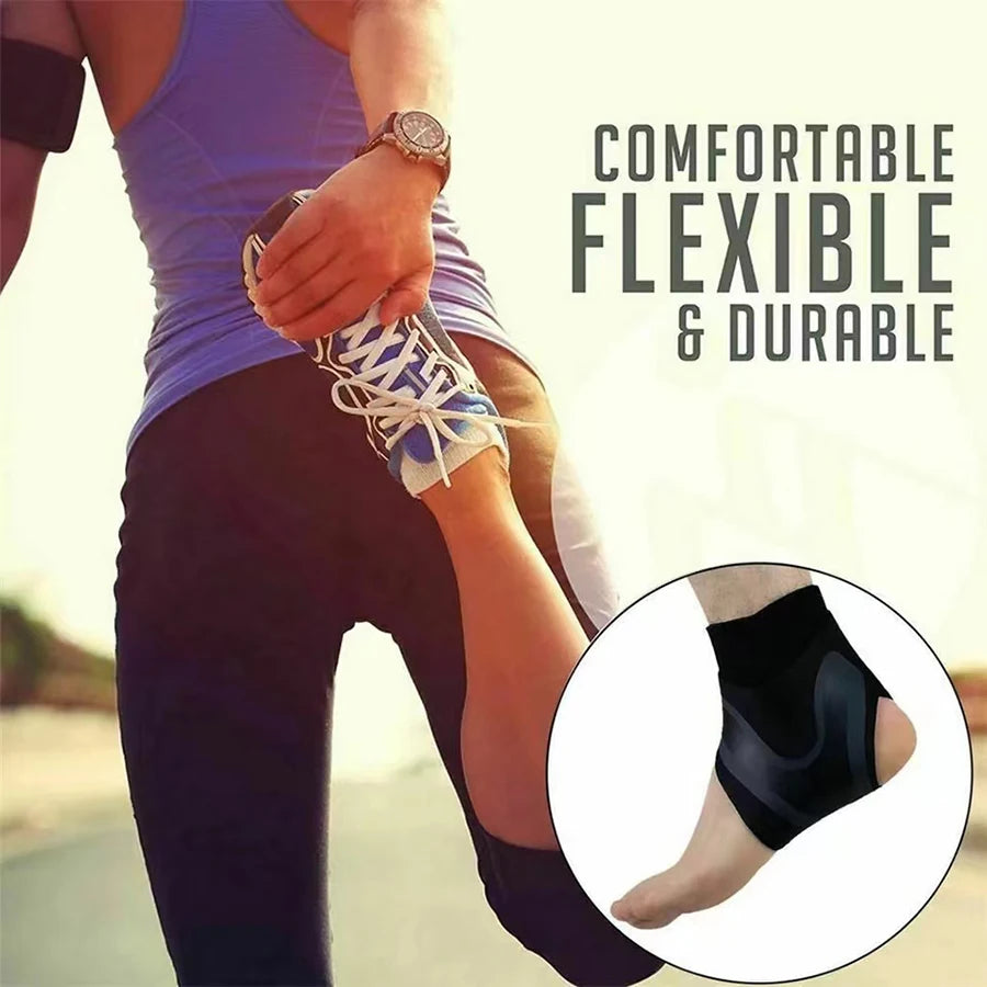 Close-up of a person wearing a black ankle support compression sleeve on their foot.