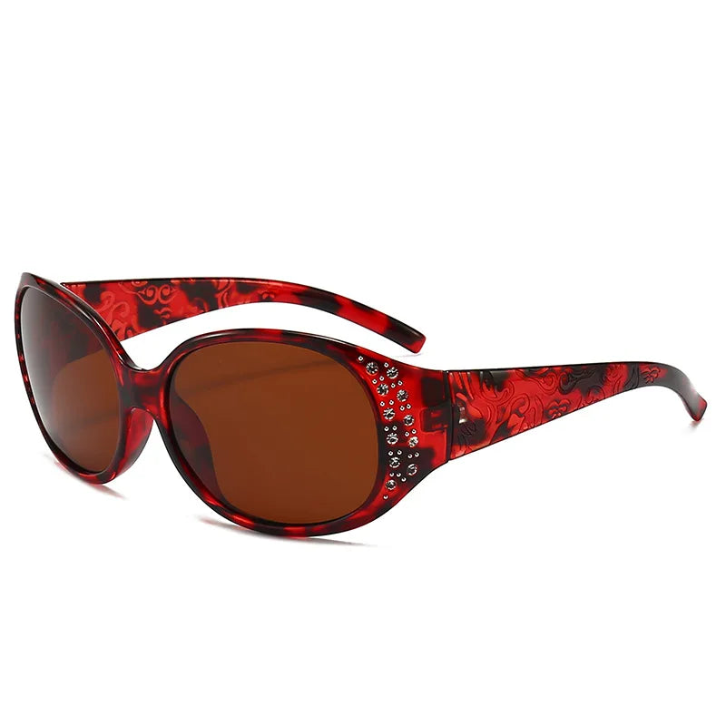Red patterned sunglasses with diamond inlay and polarized lenses