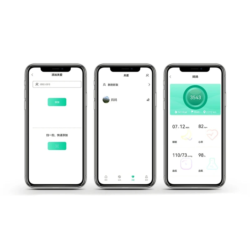 Three smartphone screens display a fitness tracker app interface with various health and activity metrics.