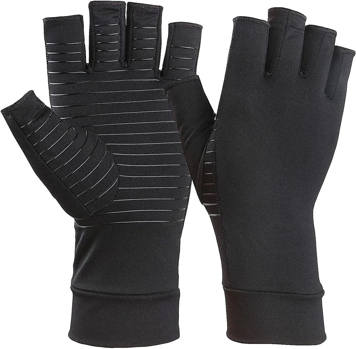 A pair of black copper compression wrist support gloves shown against a white background.