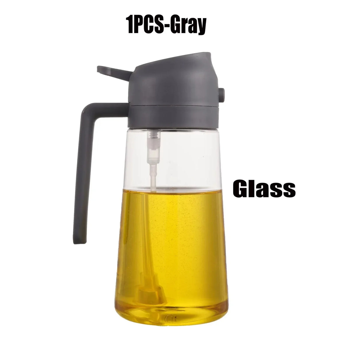A gray glass oil sprayer bottle with a black handle and spout.