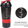 A black and red portable protein shaker cup with a clear scale for mixing drinks.
