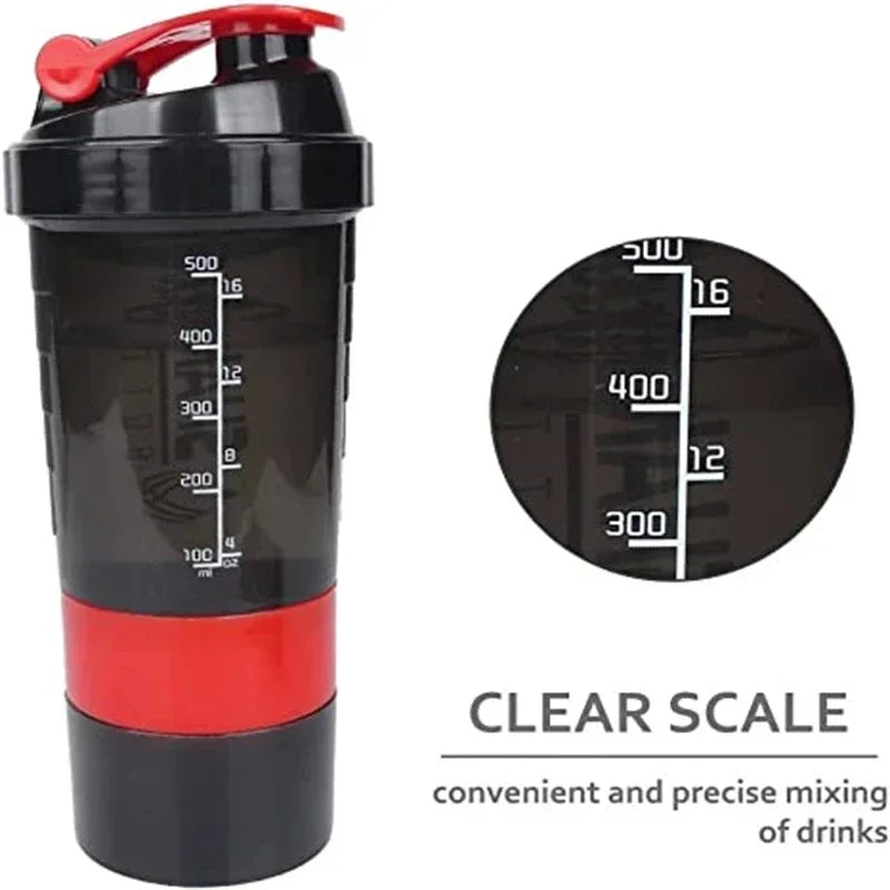 A black and red portable protein shaker cup with a clear scale for mixing drinks.