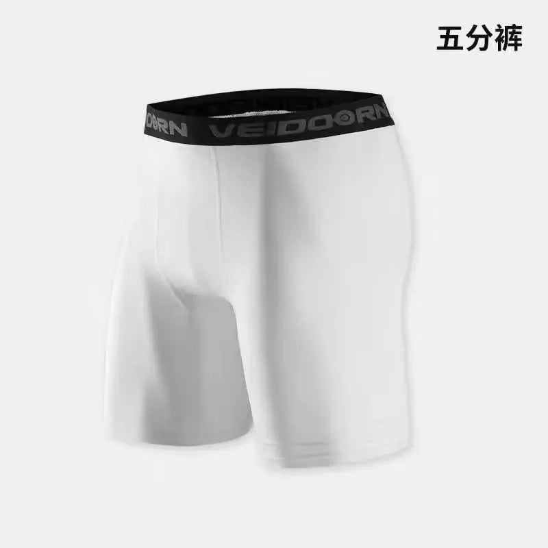 White men's compression leggings with black waistband and black text on the upper thigh