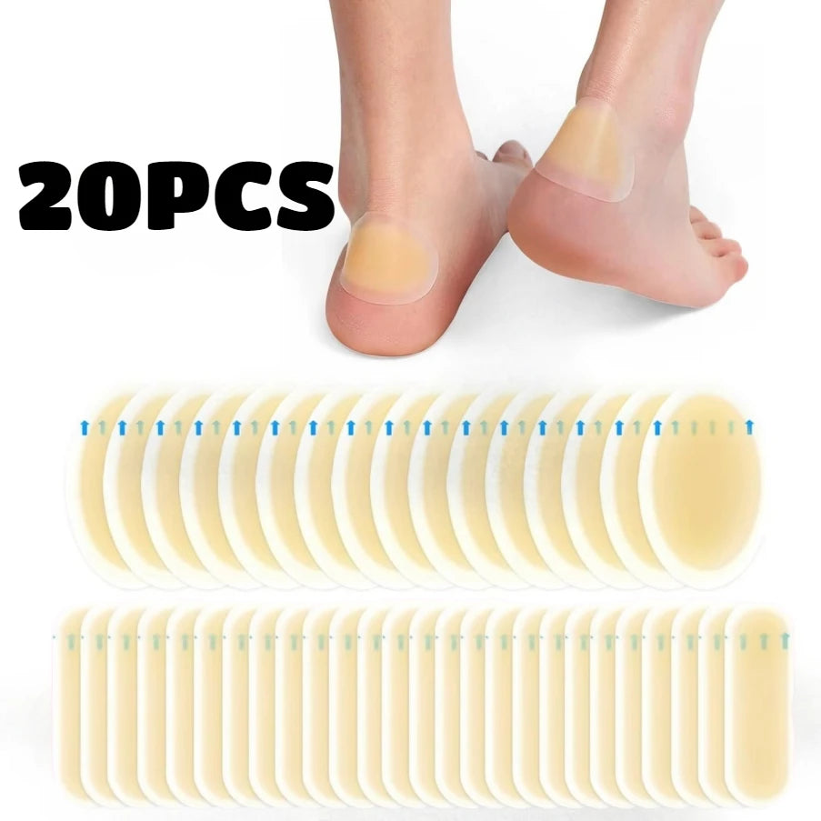 A set of 20 silicone blister patches for foot protection, shown as individual pads and packaged in a tray.