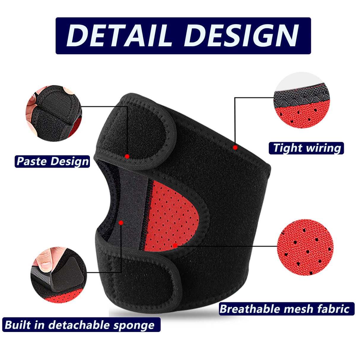 Black adjustable knee brace with detail design showing paste, tight wiring, and breathable mesh fabric.