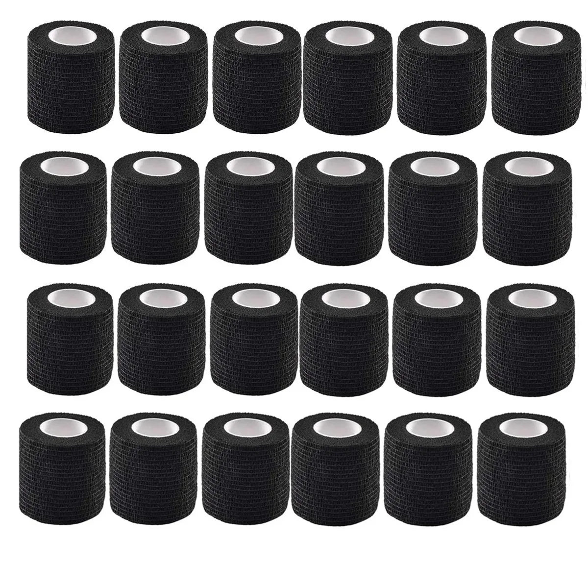 Une collection de rouleaux de bandages élastiques autocollants noirs, en différentes tailles.