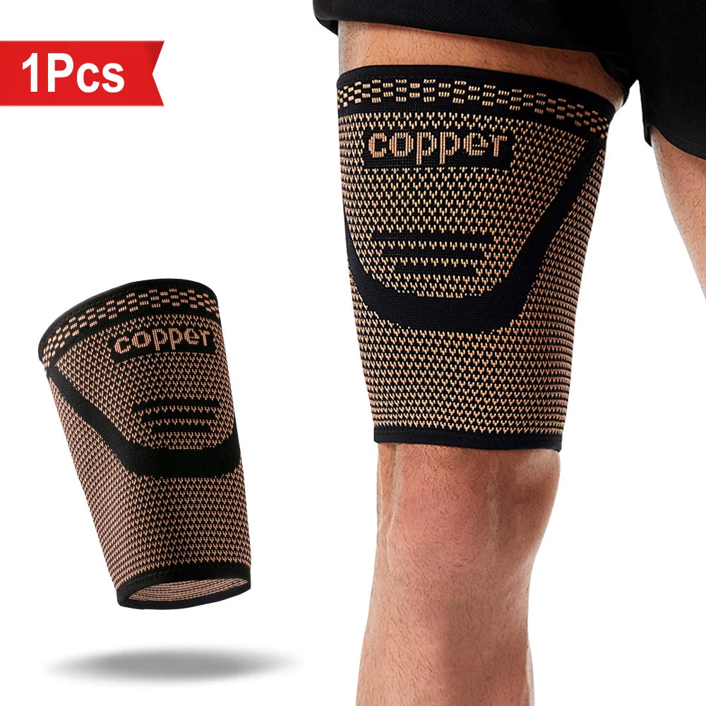 A close-up of a copper anti-slip thigh compression sleeve worn on a leg.