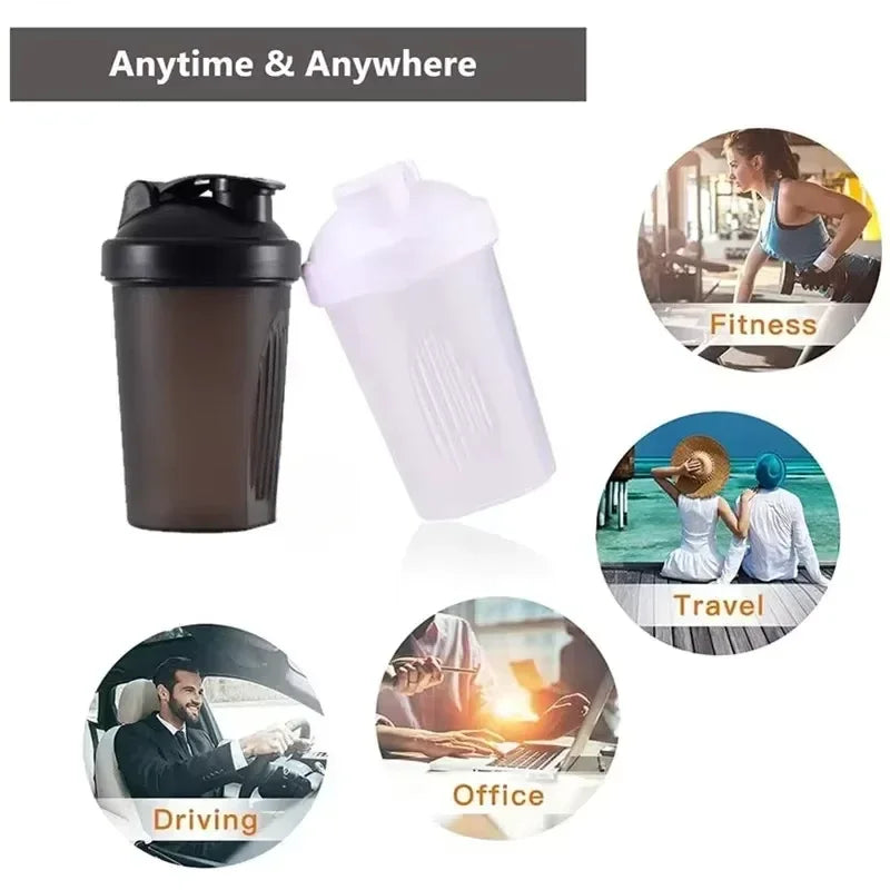 A portable protein shaker bottle in dark brown and translucent white is shown with various lifestyle contexts like fitness, t