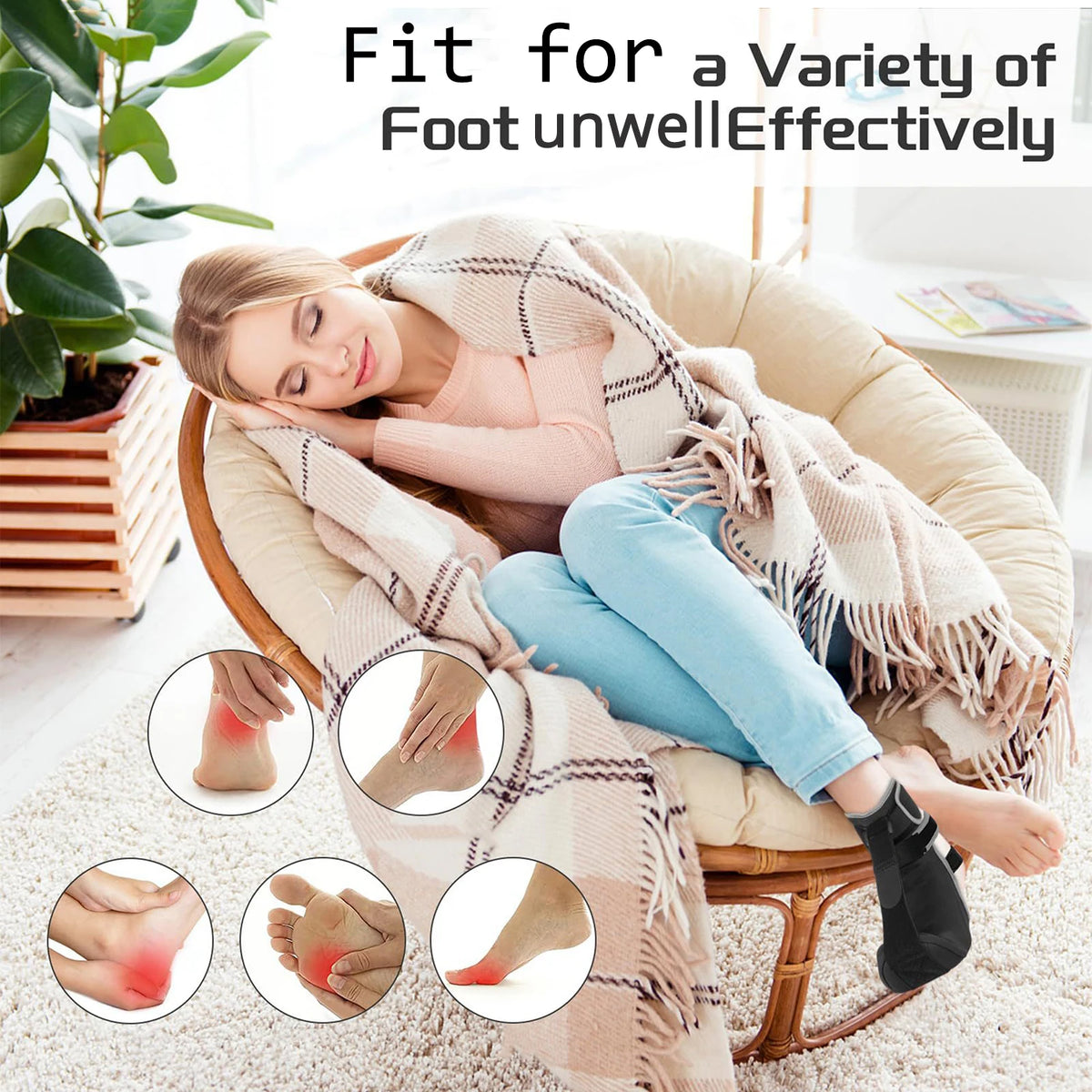 A woman is relaxing and wearing comfortable night splint socks for foot pain relief on a light-colored sofa.
