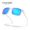A pair of clear-framed sunglasses with bright blue polarized lenses and purple accents.