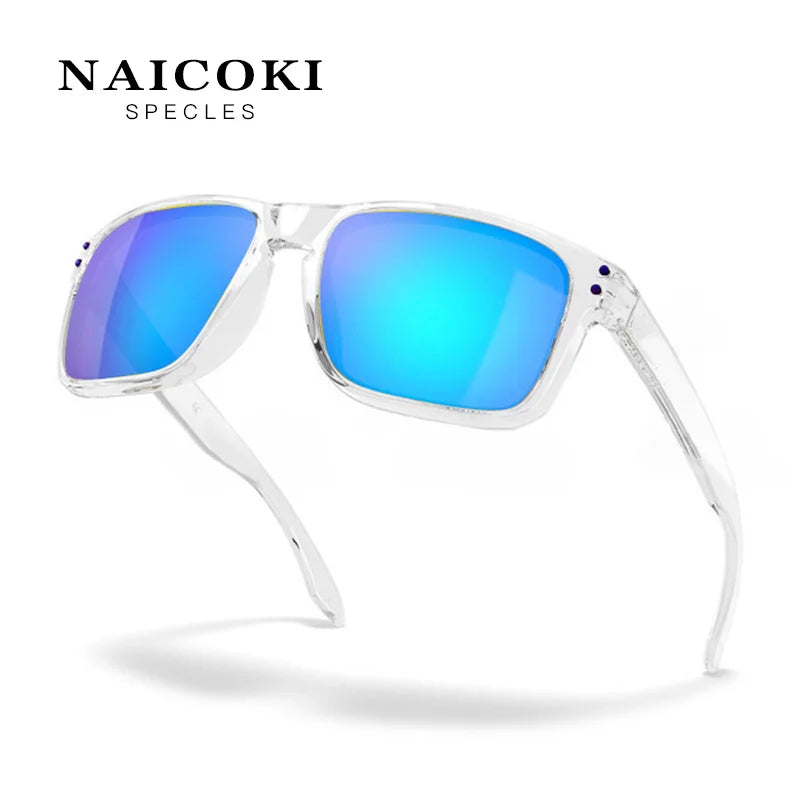 A pair of clear-framed sunglasses with bright blue polarized lenses and purple accents.