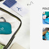 Foldable travel backpack in teal fabric shown with accessories and a folded version.