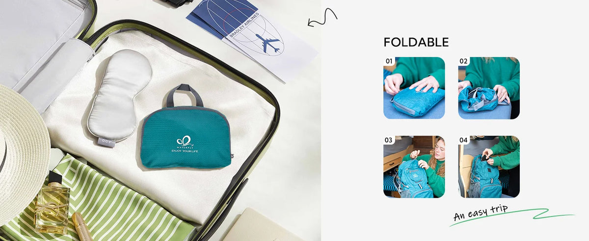 Foldable travel backpack in teal fabric shown with accessories and a folded version.