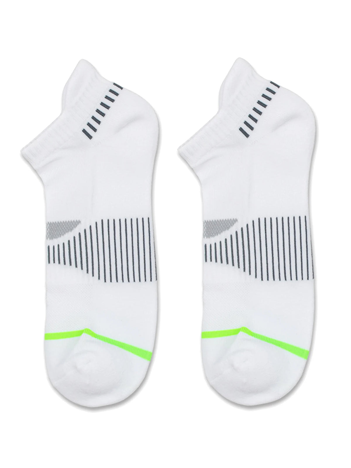 A pair of white crew socks for men with black and neon green stripes.