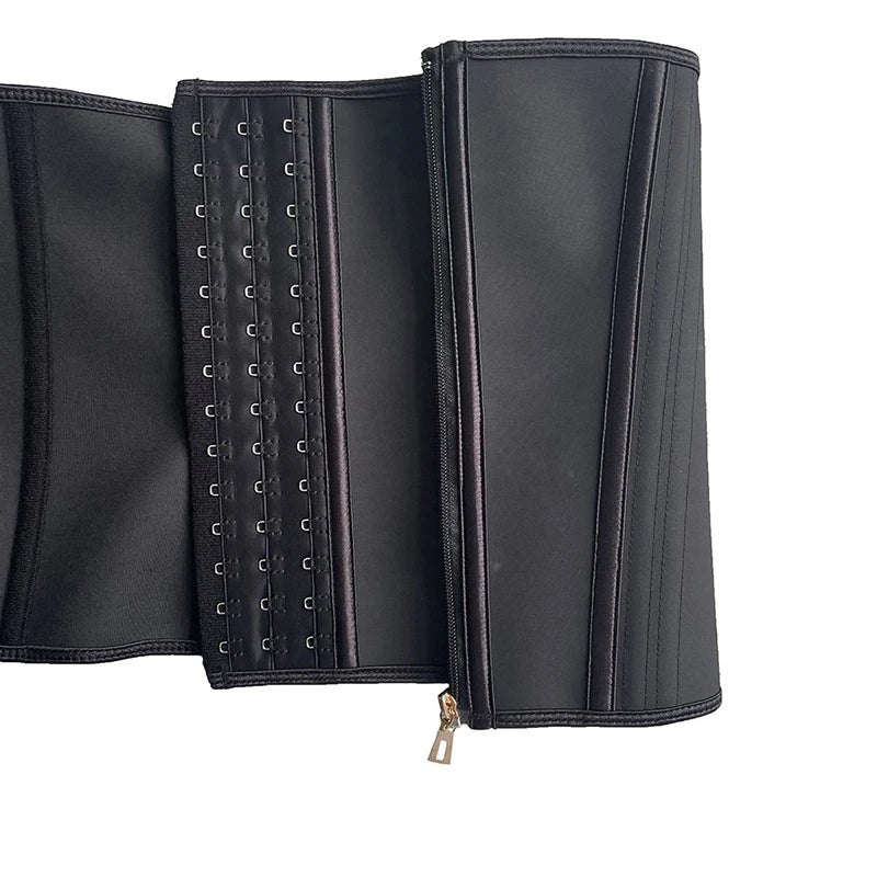Black leather double compression waist trainer corset body shaper with visible stitching and zipper.