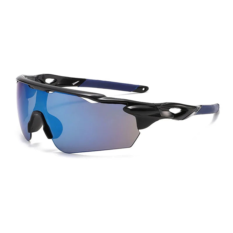 A pair of blue-tinted anti-glare sports sunglasses with black frames shown against a white background.