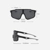 A pair of black sport cycling and skiing goggles shown with various dimensions.