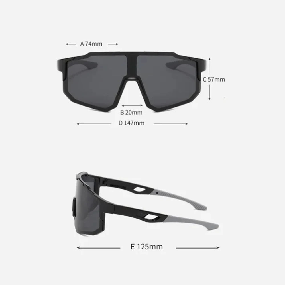 A pair of black sport cycling and skiing goggles shown with various dimensions.