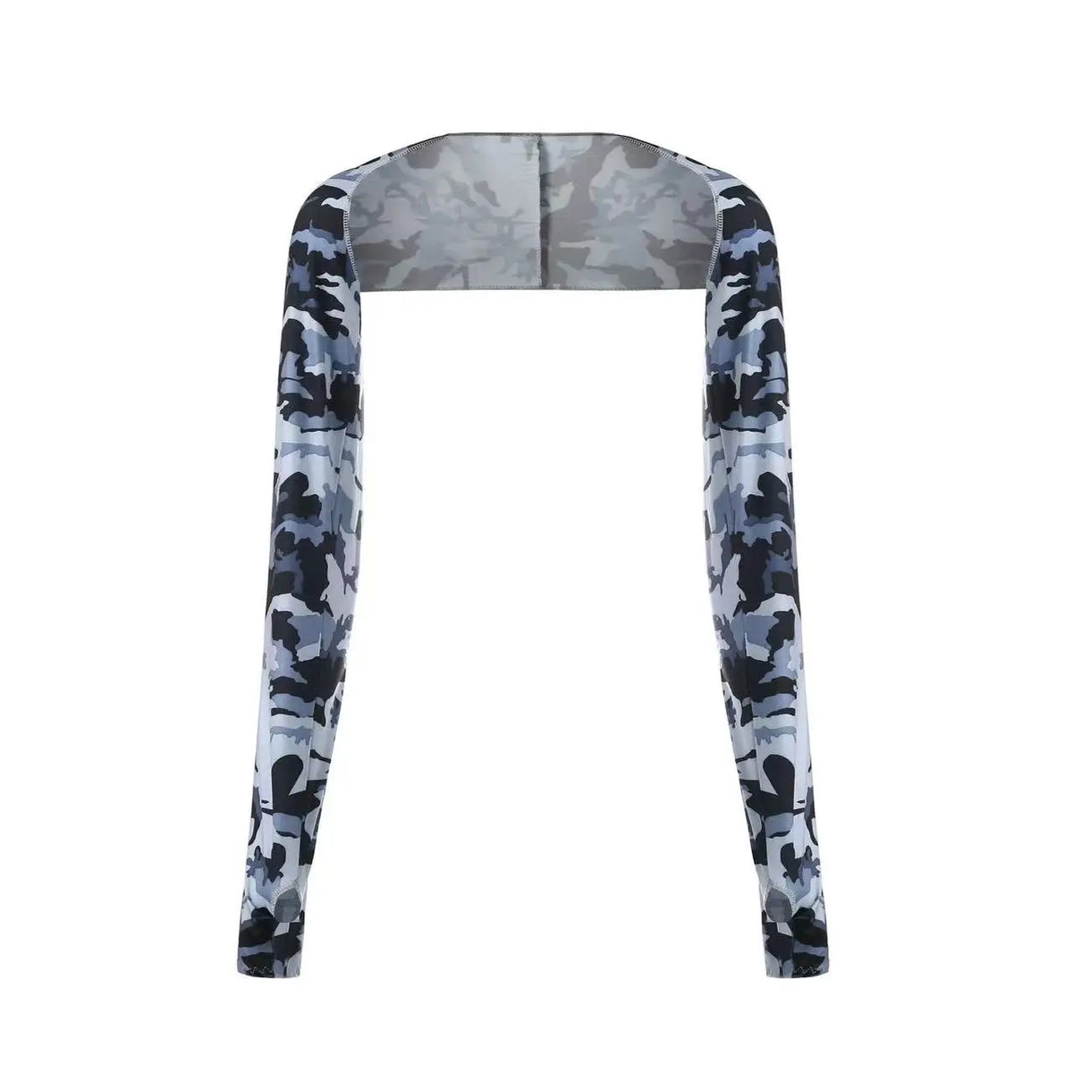 A pair of camouflage patterned, ultra-thin UV protection arm sleeves displayed flat.