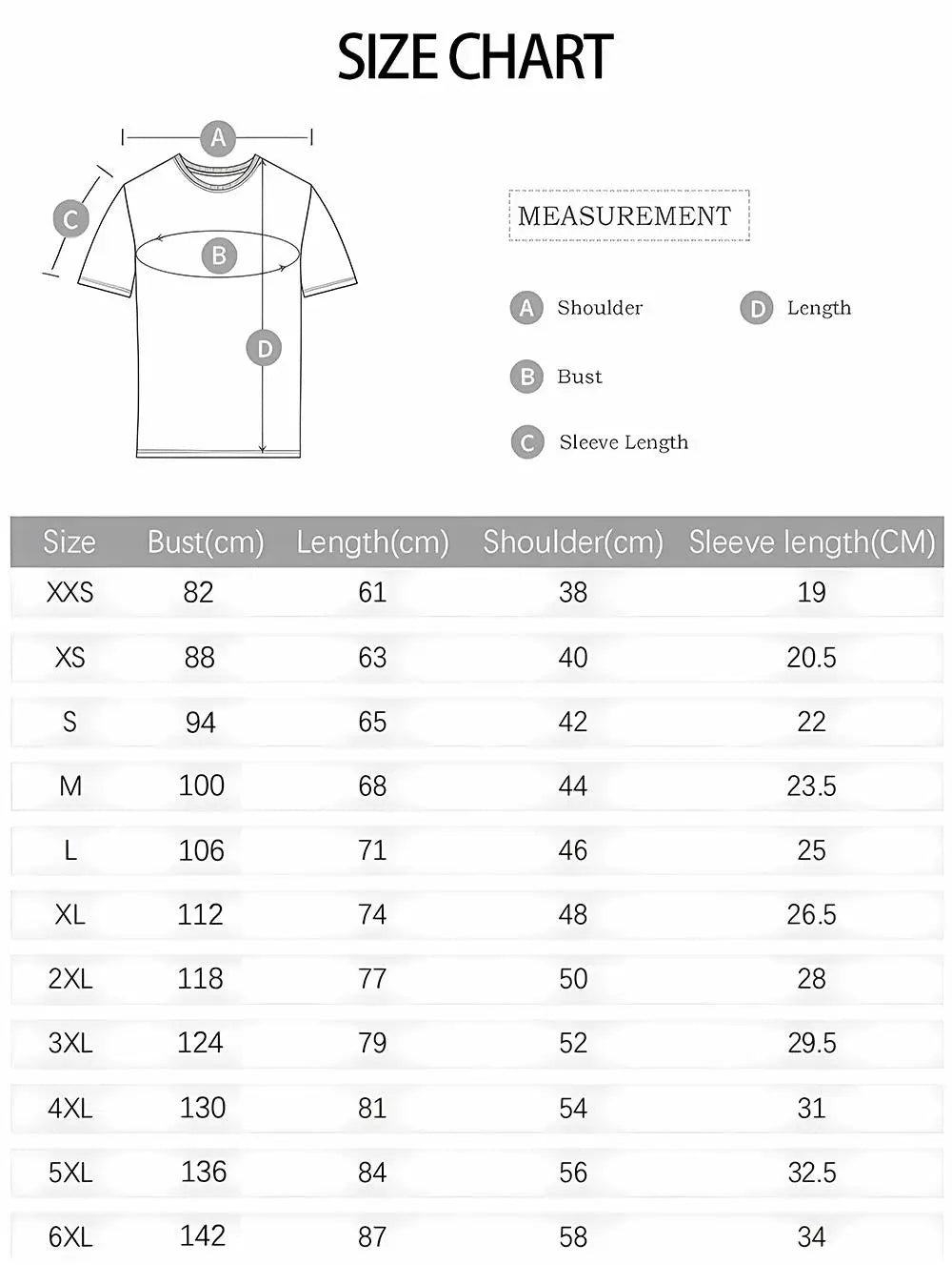 Size chart for Retro Eagle Graphic Men's T-Shirt showing measurements for various sizes from XXS to 6XL.