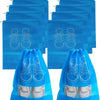 A stack of blue reusable non-woven shoe storage bags and a single bag with shoes inside.