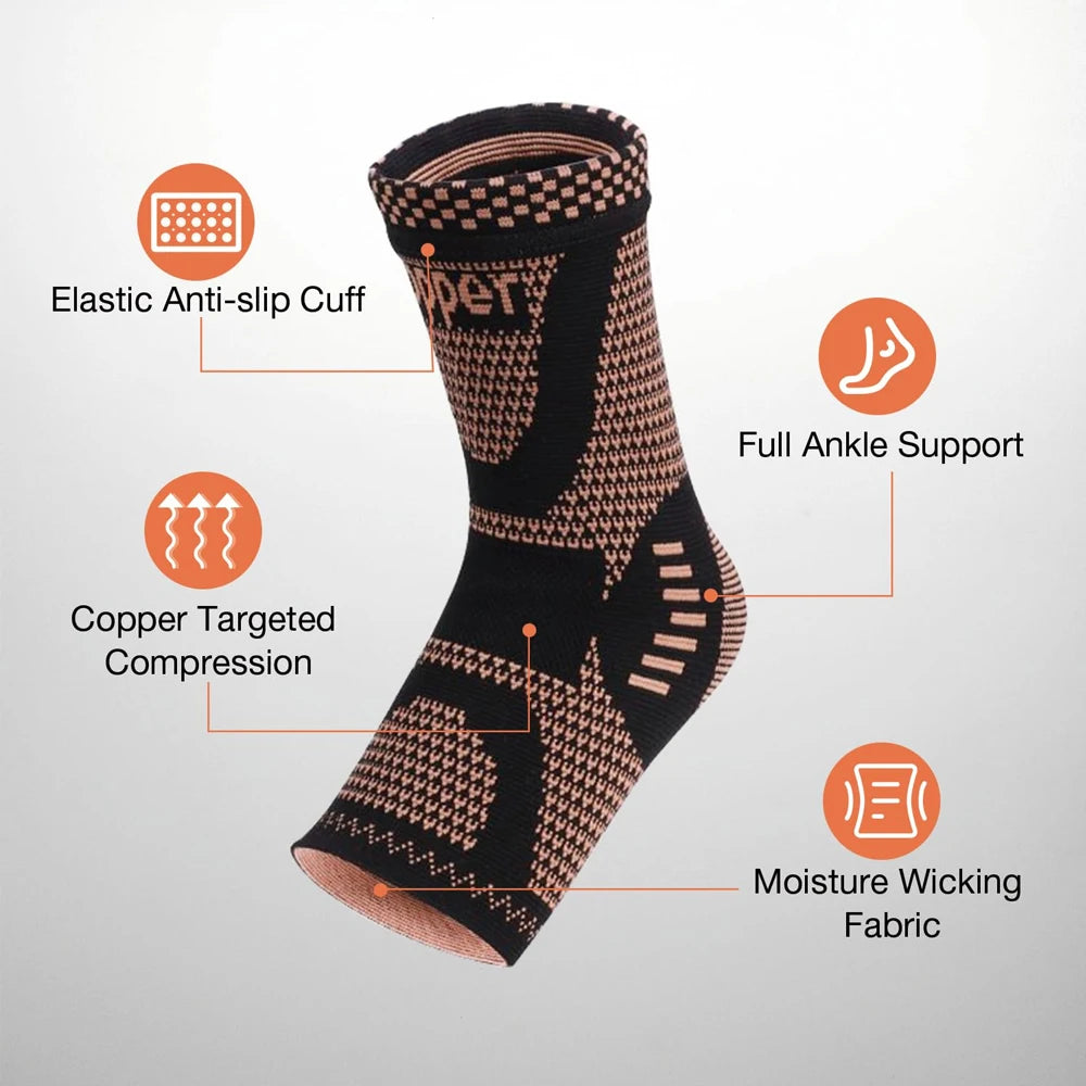 Black ankle compression brace with elastic cuff, full ankle support, copper targeted compression, and moisture-wicking fabric