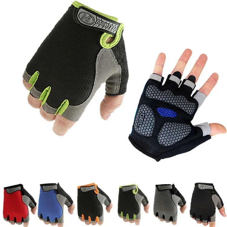 A collection of breathable anti-slip gym workout gloves in various colors including red, blue, orange, black, and gray.